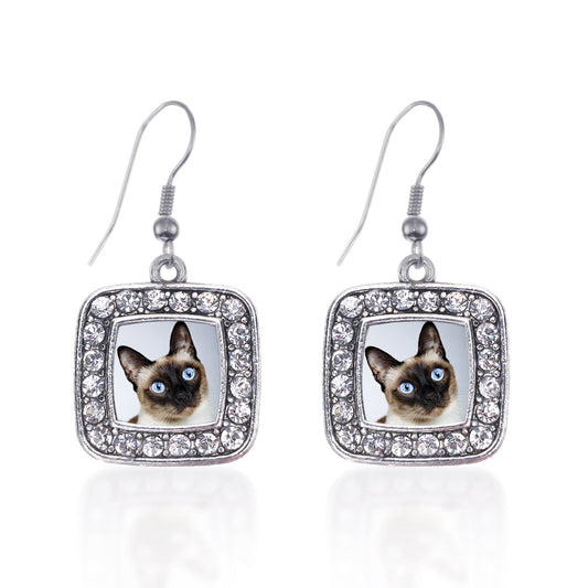 Silver Siamese Cat Square Charm Dangle Earrings