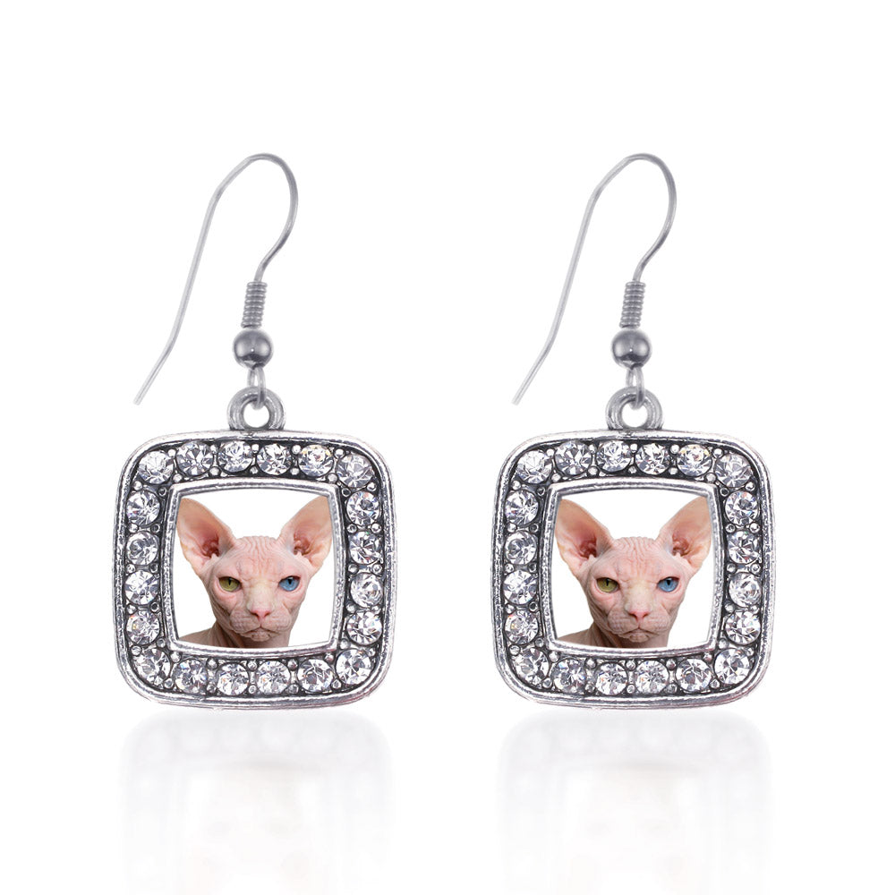 Silver Sphinx Cat Square Charm Dangle Earrings