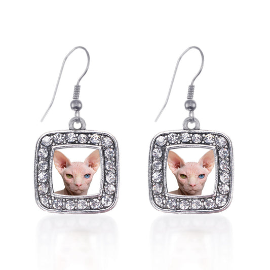 Silver Sphinx Cat Square Charm Dangle Earrings