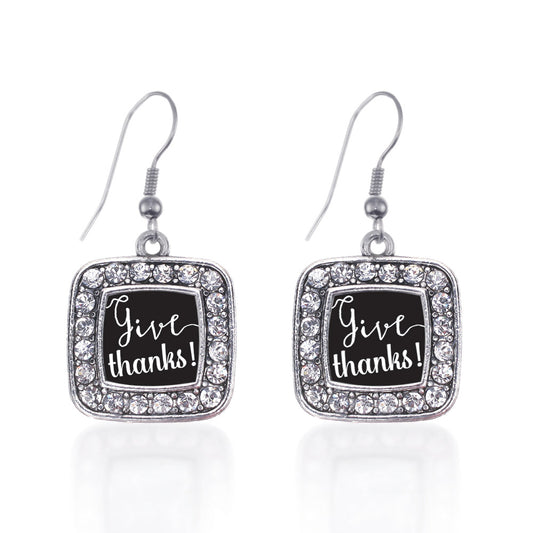 Silver Give Thanks Square Charm Dangle Earrings