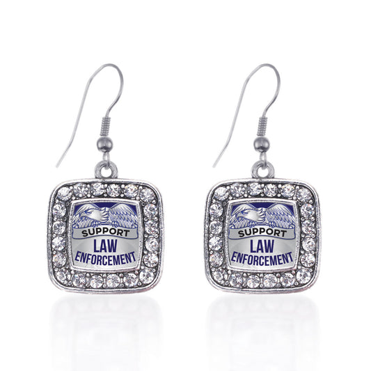Silver Law Enforcement Support Square Charm Dangle Earrings