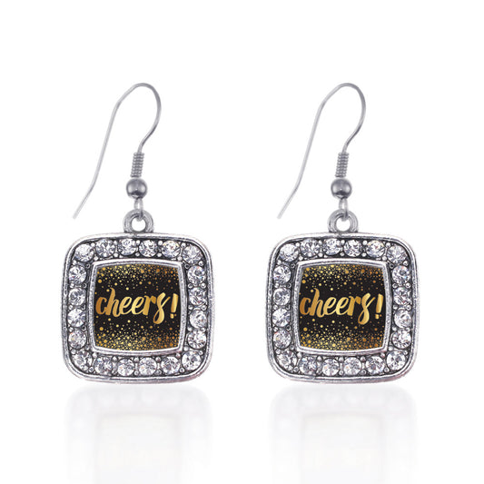 Silver NYE Cheers Square Charm Dangle Earrings