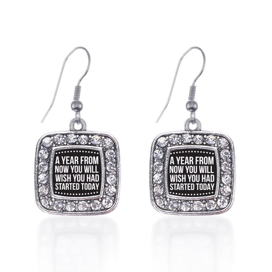 Silver Start Today Inspirational Square Charm Dangle Earrings