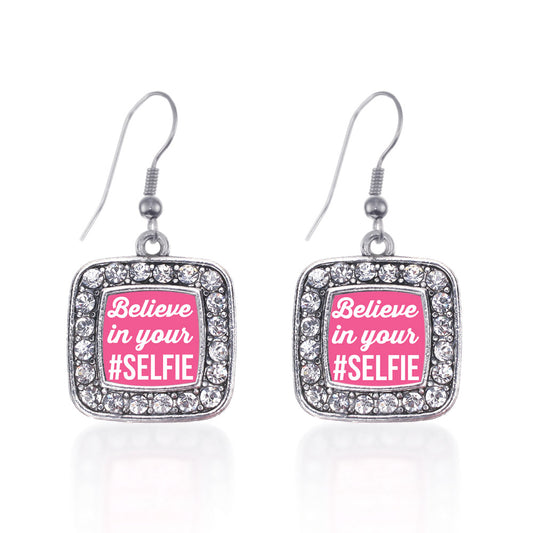 Silver Believe in your #SELFIE Square Charm Dangle Earrings