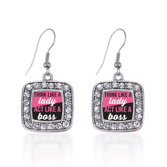 Silver Think Like a Lady Square Charm Dangle Earrings
