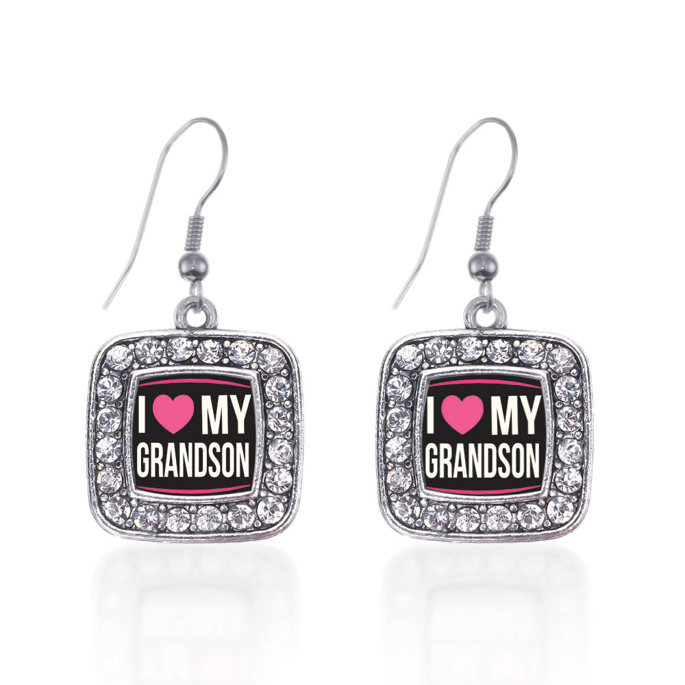 Silver I Love my Grandson Square Charm Dangle Earrings