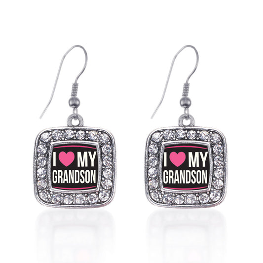 Silver I Love my Grandson Square Charm Dangle Earrings