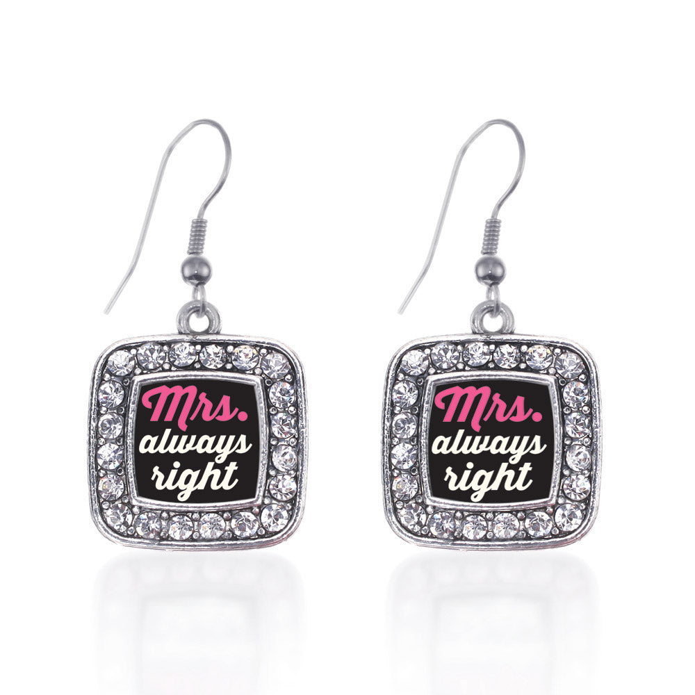 Silver Mrs. Always Right Square Charm Dangle Earrings