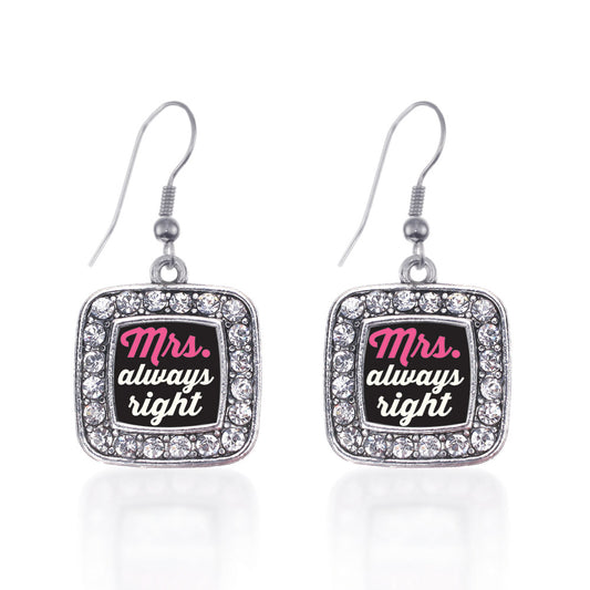 Silver Mrs. Always Right Square Charm Dangle Earrings