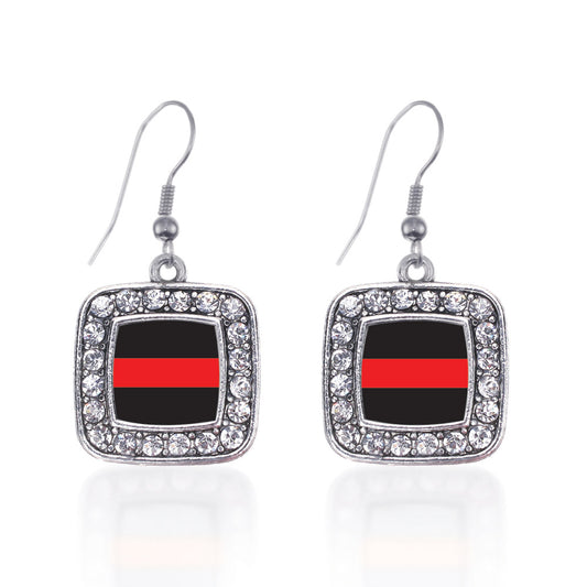 Silver Thin Red Line Fire Department Support Square Charm Dangle Earrings