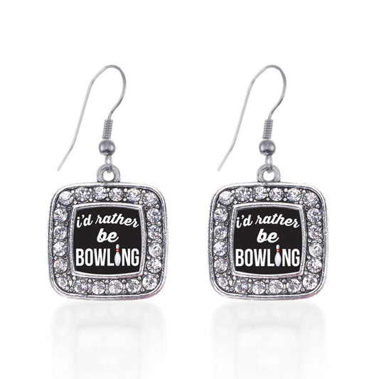 Silver I'd Rather Be Bowling Square Charm Dangle Earrings