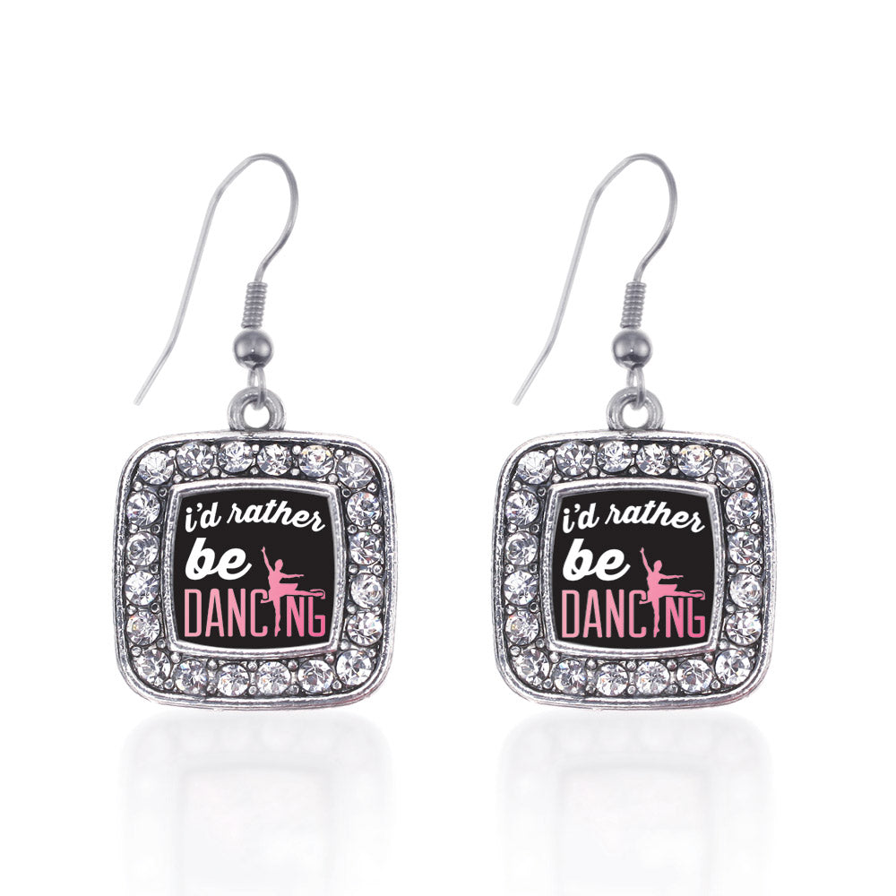 Silver I'd Rather Be Dancing Square Charm Dangle Earrings