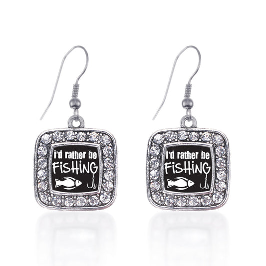 Silver I'd Rather Be Fishing Square Charm Dangle Earrings