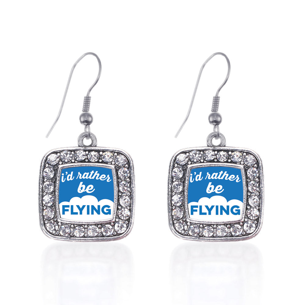 Silver I'd Rather Be Flying Square Charm Dangle Earrings