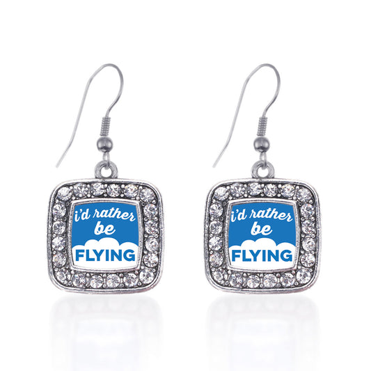 Silver I'd Rather Be Flying Square Charm Dangle Earrings