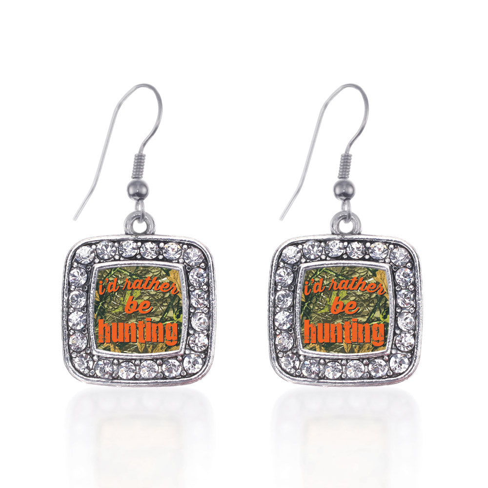 Silver I'd Rather Be Hunting Square Charm Dangle Earrings