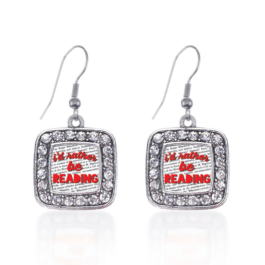 Silver I'd Rather Be Reading Square Charm Dangle Earrings