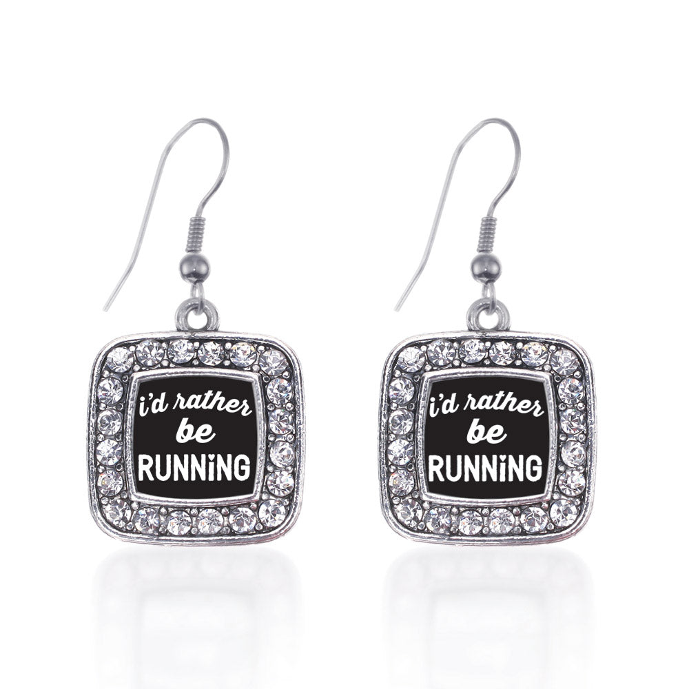 Silver I'd Rather Be Running Square Charm Dangle Earrings