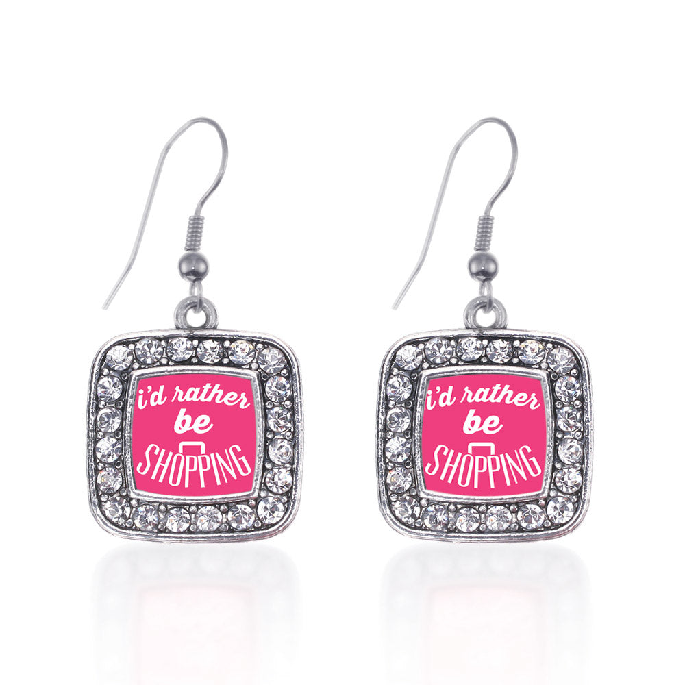 Silver I'd Rather Be Shopping Square Charm Dangle Earrings