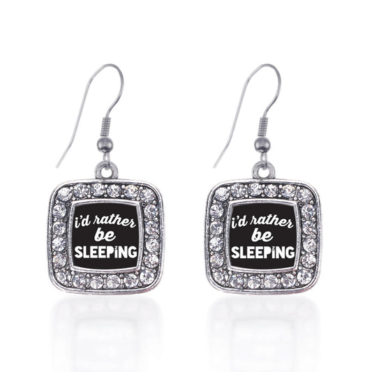 Silver I'd Rather Be Sleeping Square Charm Dangle Earrings