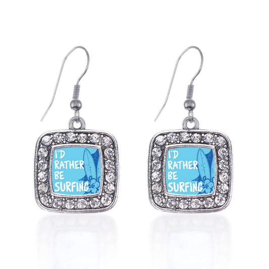 Silver I'd Rather Be Surfing Square Charm Dangle Earrings