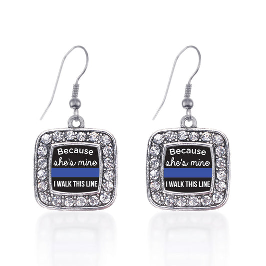 Silver Because She's Mine Blue Line Square Charm Dangle Earrings