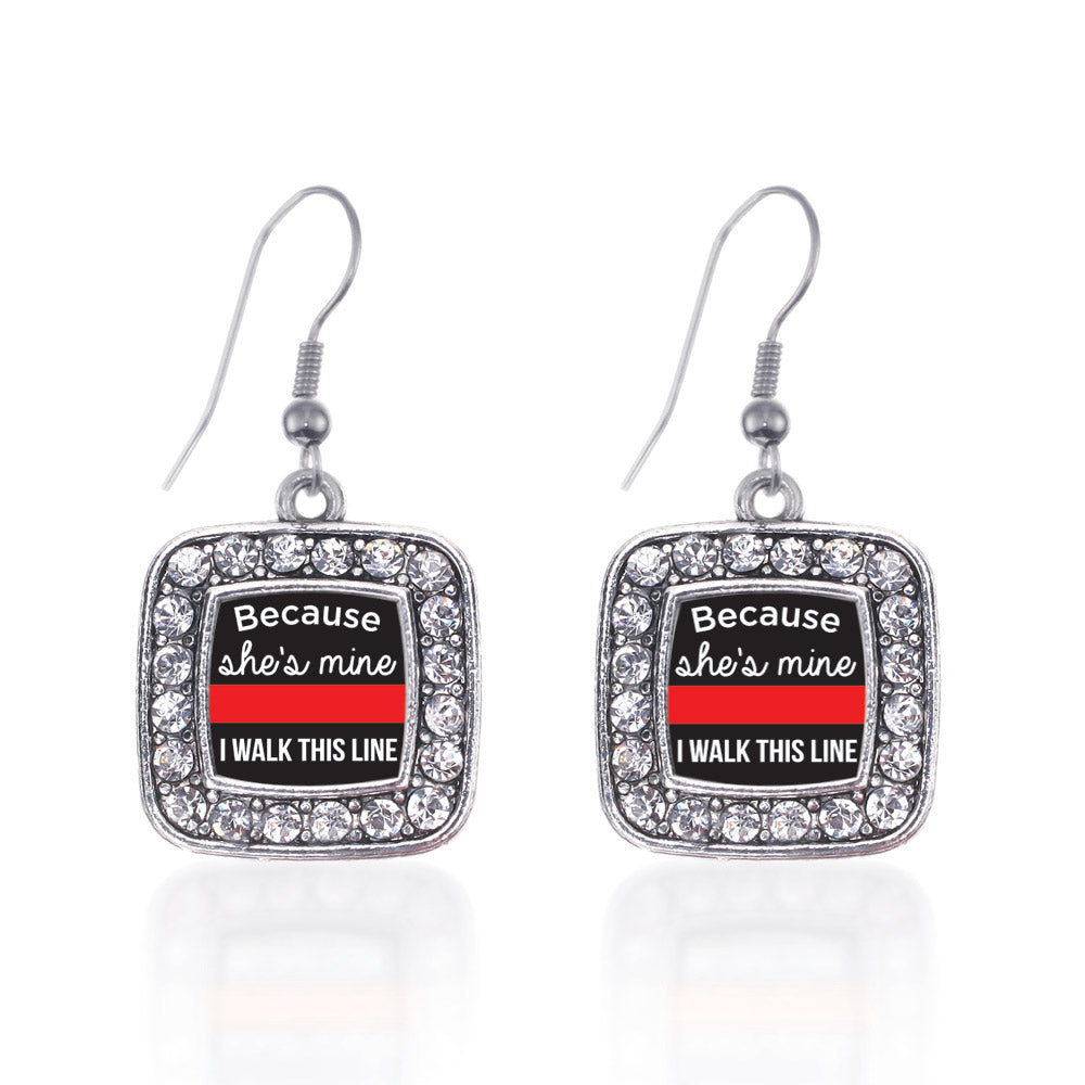 Silver Because She's Mine Red Line Square Charm Dangle Earrings