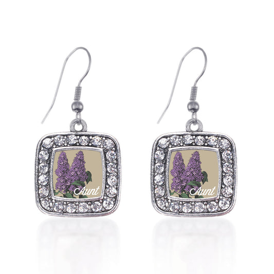 Silver Aunt Lilac Flower Square Charm Dangle Earrings