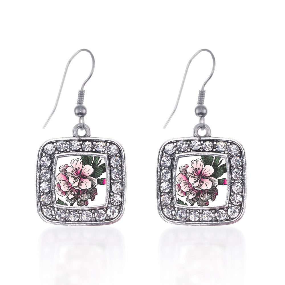 Silver Apple Blossom Square Charm Dangle Earrings