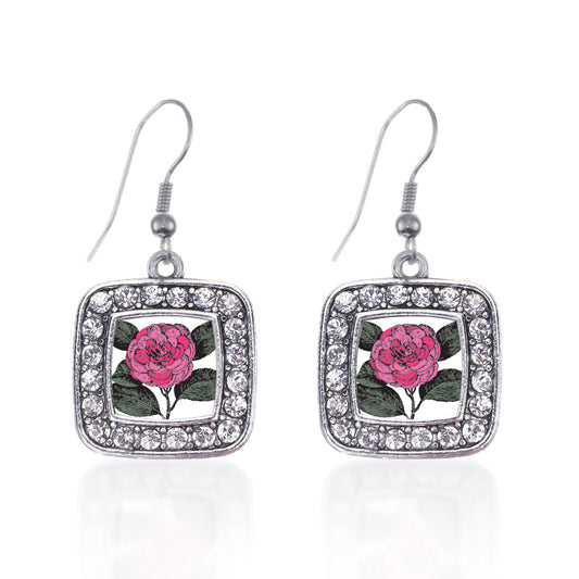 Silver Camelia Flower Square Charm Dangle Earrings