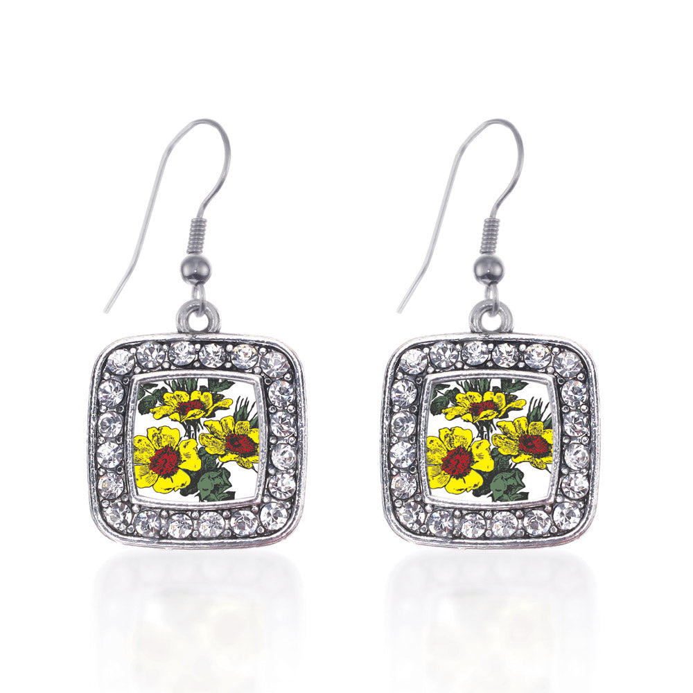 Silver Coreopsis Flower Square Charm Dangle Earrings