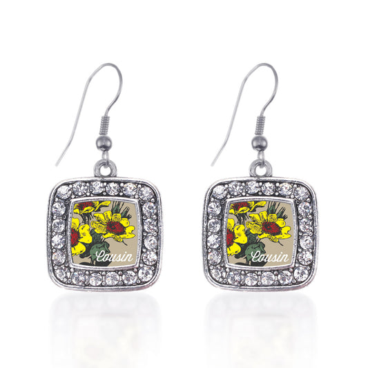 Silver Cousin Coreopsis Flower Square Charm Dangle Earrings