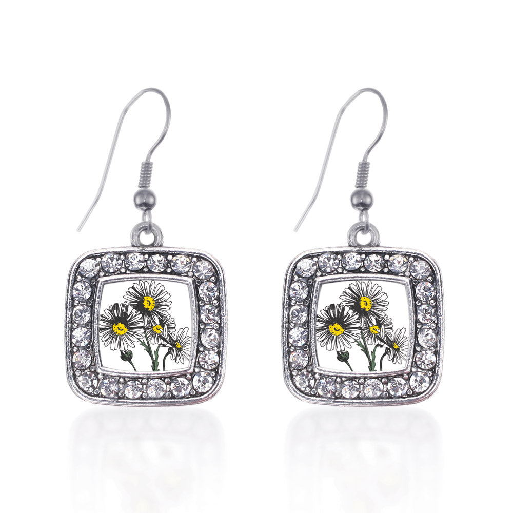 Silver Daisy Flower Square Charm Dangle Earrings