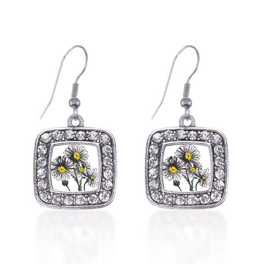 Silver Daisy Flower Square Charm Dangle Earrings
