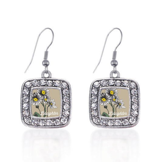 Silver Daughter Daisy Flower Square Charm Dangle Earrings