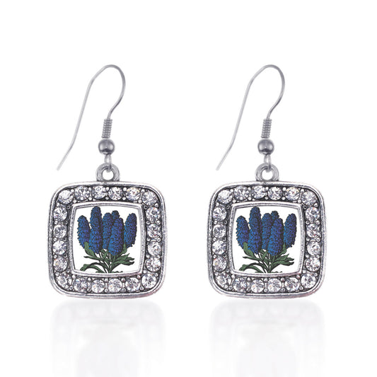 Silver Delphinium Flower Square Charm Dangle Earrings