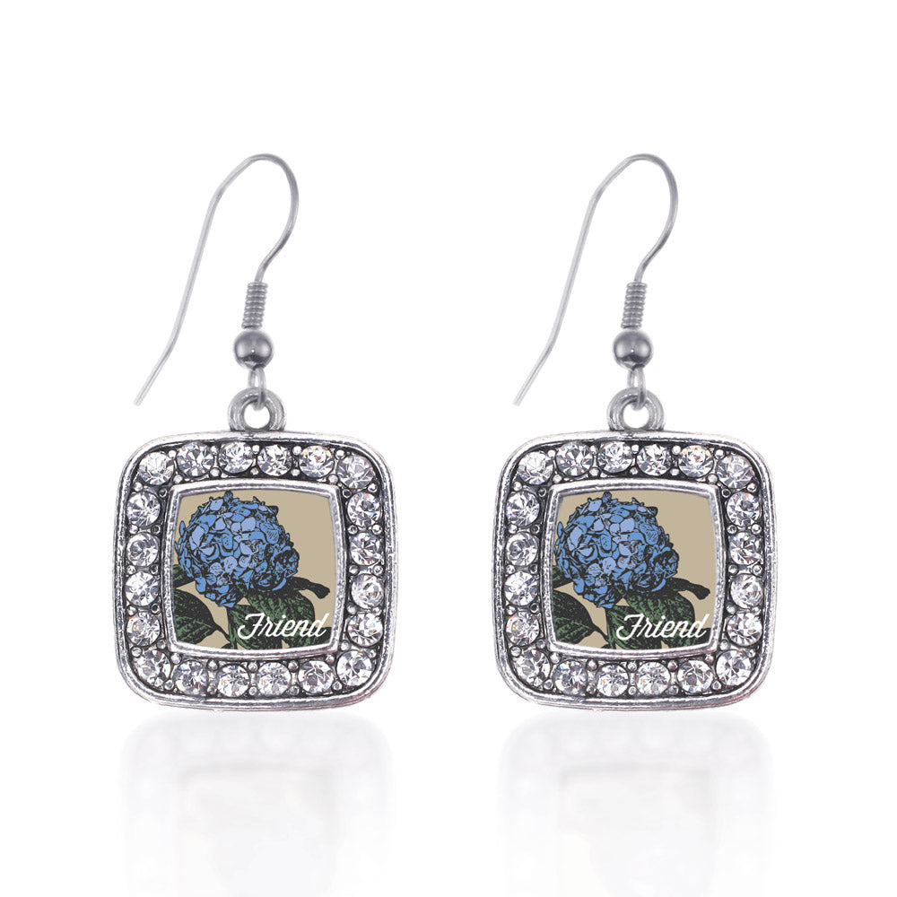 Silver Friend Hydrangea Flower Square Charm Dangle Earrings
