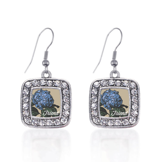 Silver Friend Hydrangea Flower Square Charm Dangle Earrings