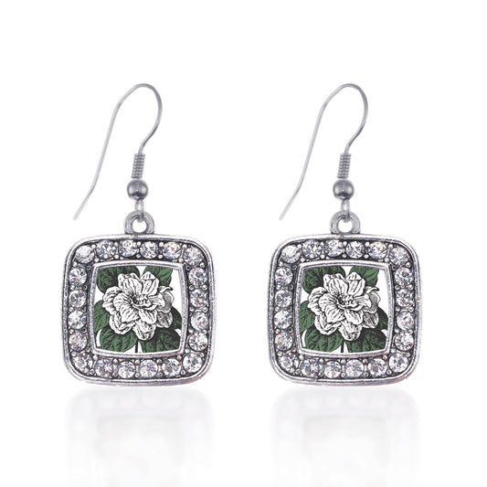 Silver Gardenia Flower Square Charm Dangle Earrings