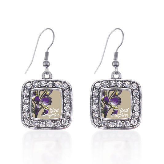Silver God Daughter Iris Flower Square Charm Dangle Earrings
