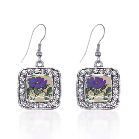 Silver God Mother Violet Square Charm Dangle Earrings
