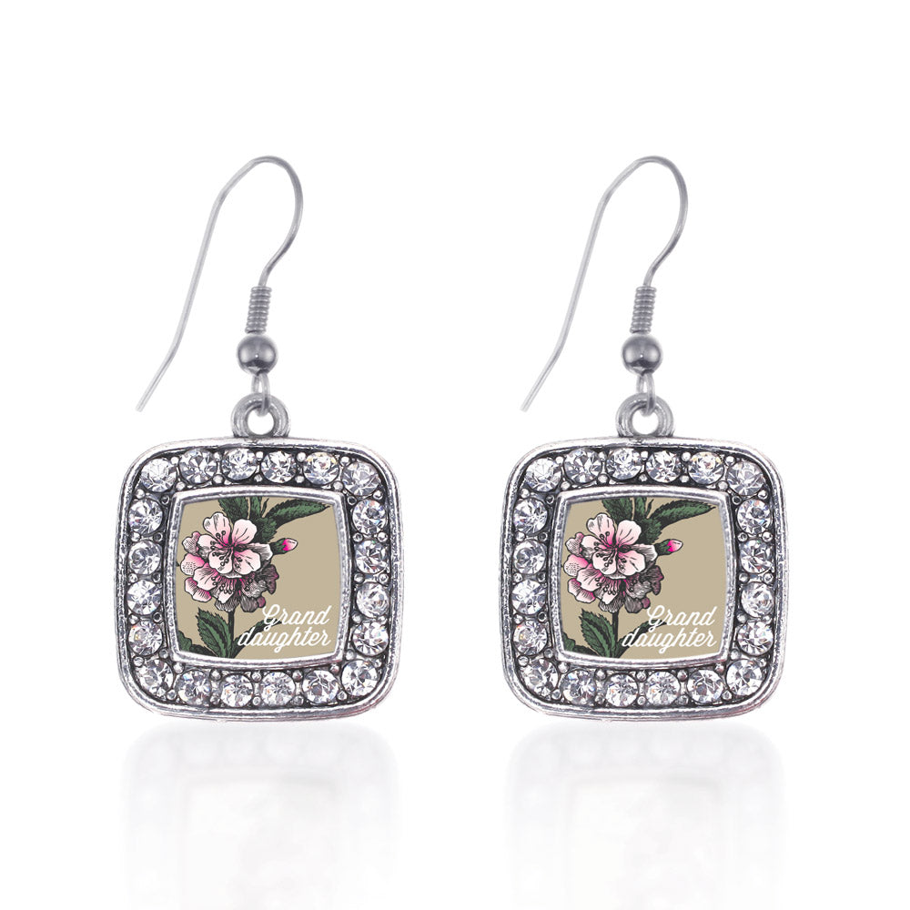 Silver Granddaughter Apple Blossom Flower Square Charm Dangle Earrings