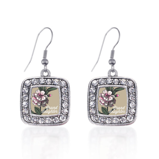 Silver Granddaughter Apple Blossom Flower Square Charm Dangle Earrings