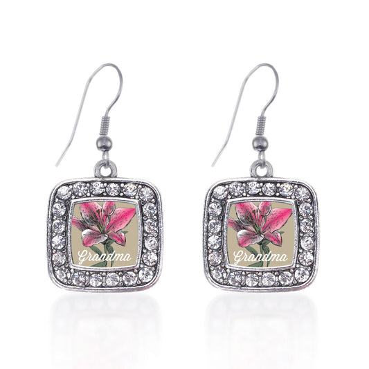Silver Grandma Lily Flower Square Charm Dangle Earrings