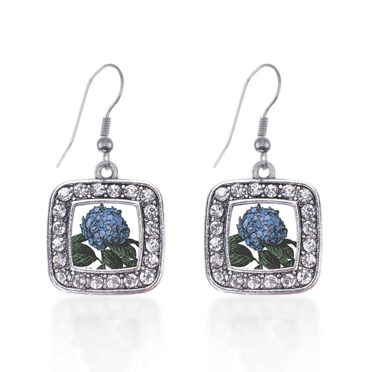 Silver Hydrangea Flower Square Charm Dangle Earrings