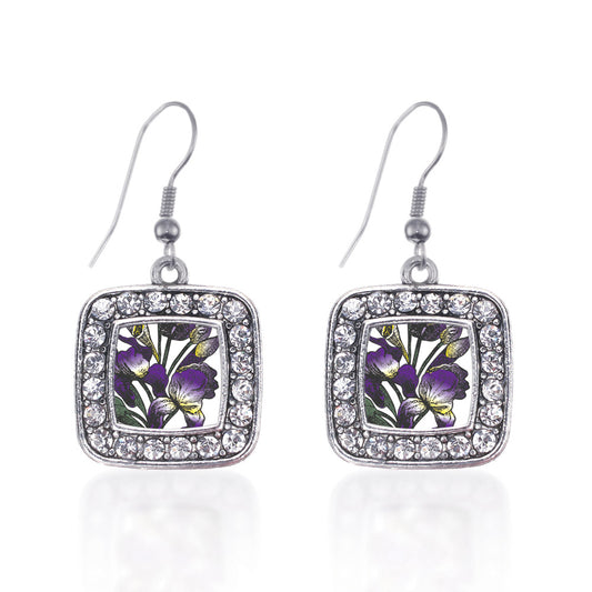 Silver Iris Flower Square Charm Dangle Earrings