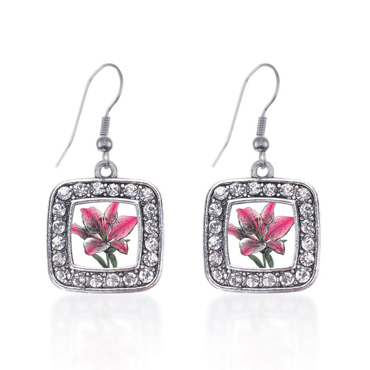 Silver Lily Flower Square Charm Dangle Earrings