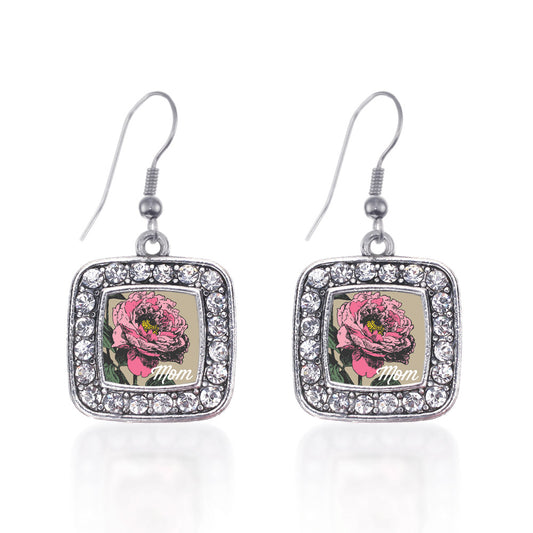 Silver Mom Peony Flower Square Charm Dangle Earrings