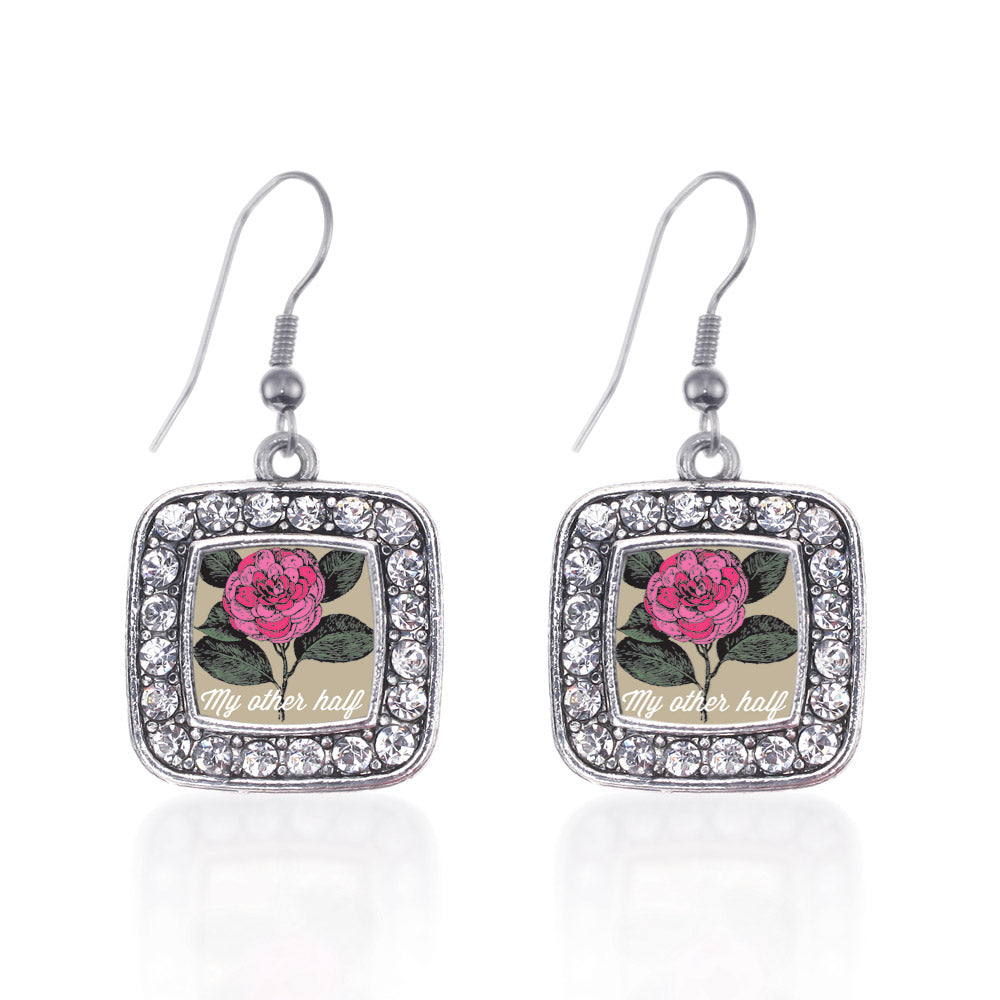 Silver My Other Half Camellia Flower Square Charm Dangle Earrings