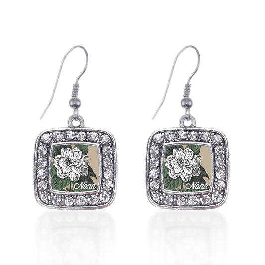 Silver Nana Gardenia Flower Square Charm Dangle Earrings